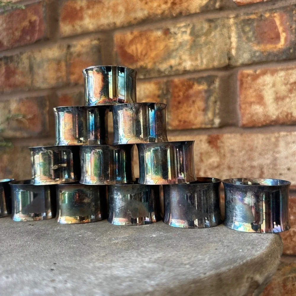 Vintage Silverplate Napkin Rings Set of 12 Concave Tarnish Patina Silver Tone